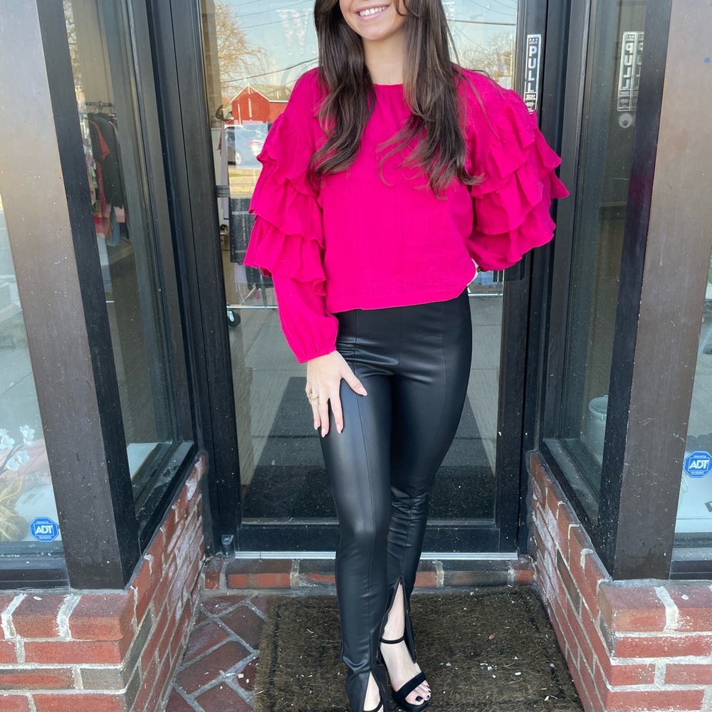 Vibrant Pink Ruffle Sleeve Top with Black Faux Leather Leggings
